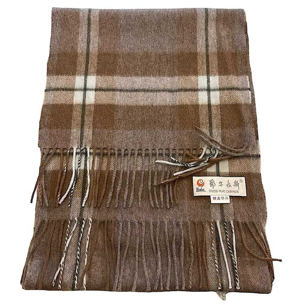 Erdos Pure Cashmere Light Brow Plaid Men's Scarf With Fringe 12" x 56" WO Fringe